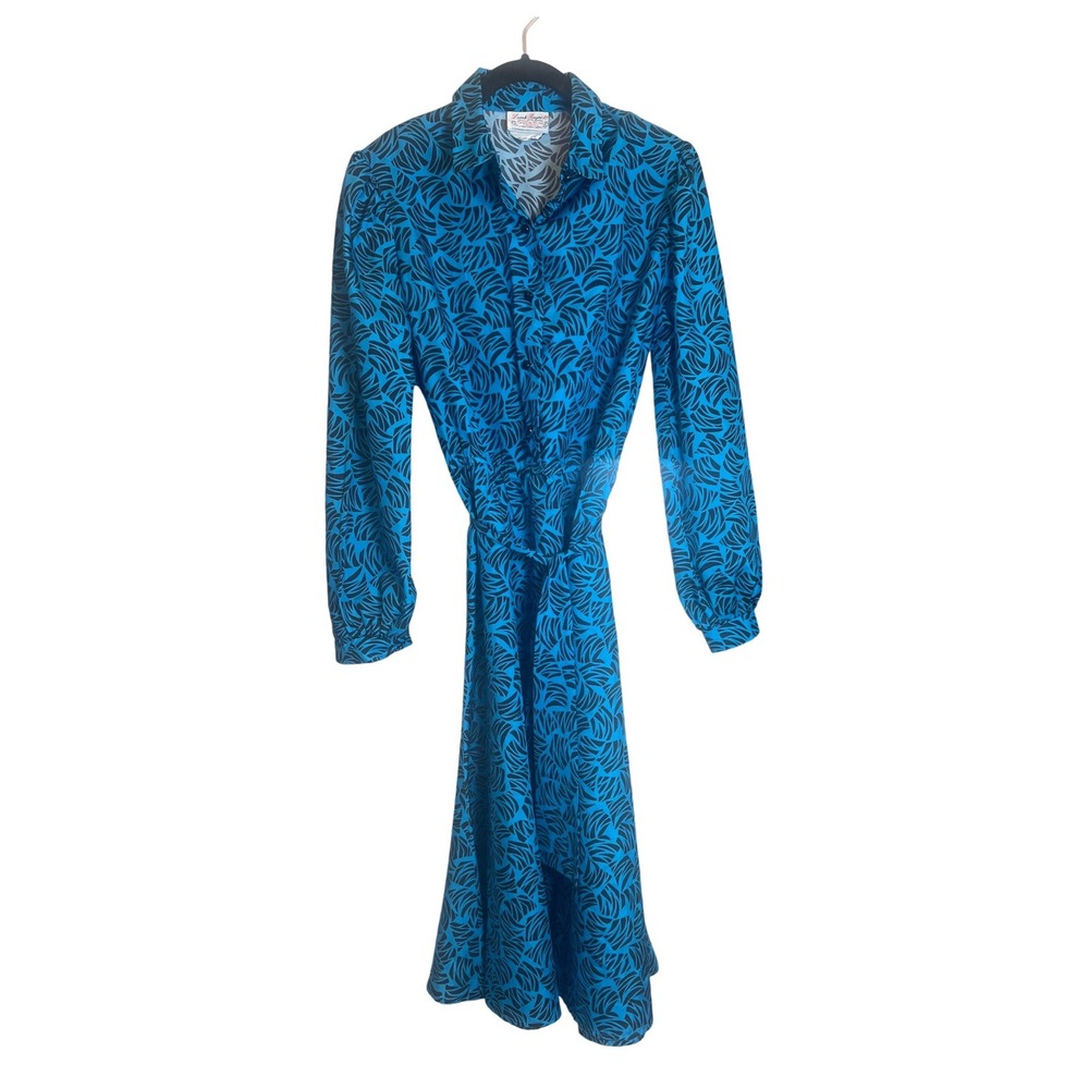 Derek Rayne Ltd Vintage Blue Black Abstract Print Shirt Dress Midi Button Front